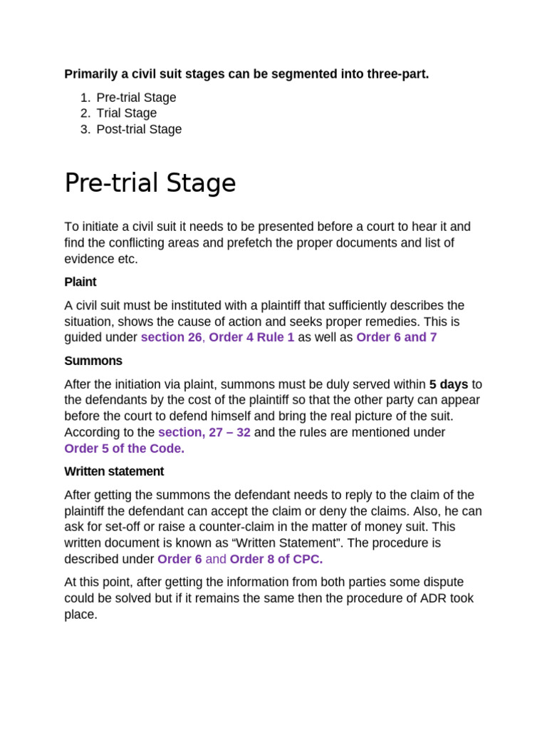 Stages of a Civil Suit Explained | PDF | Judgment (Law) | Lawsuit