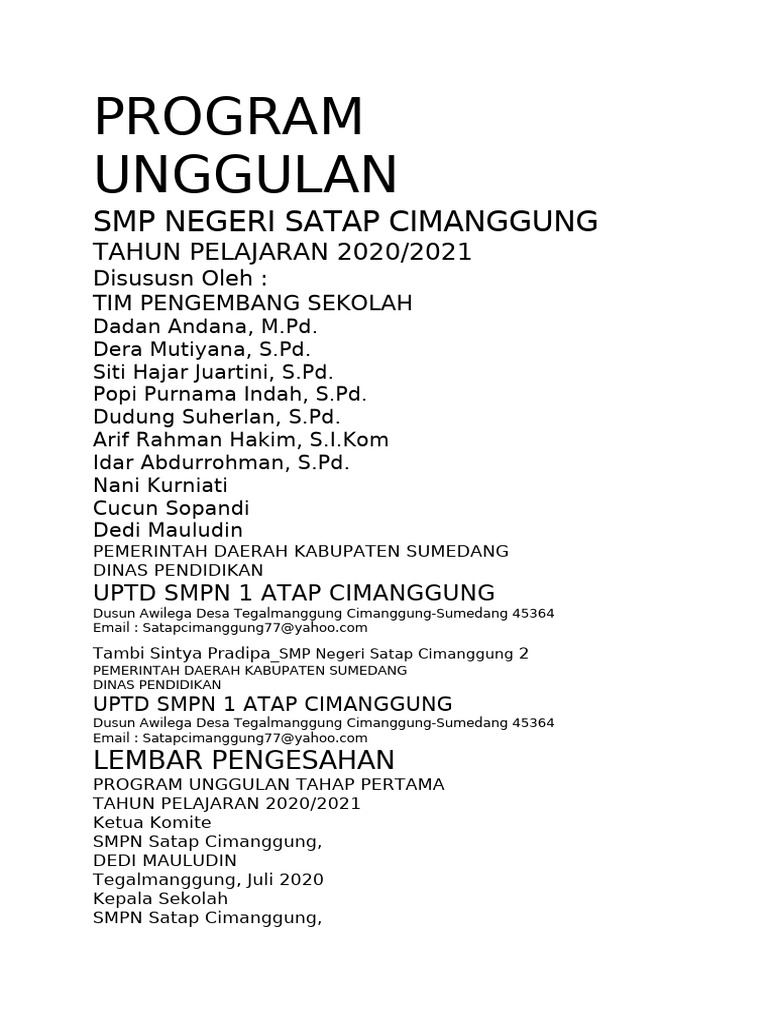 Program Unggulan SMP Satap Cimanggung 2020 | PDF