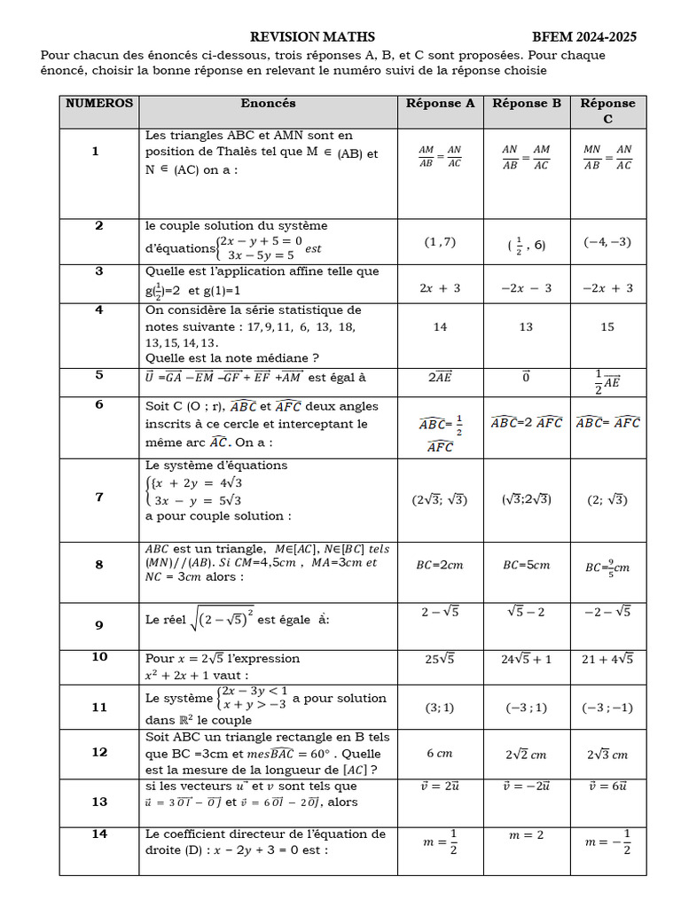 Révision Maths BFEM 2024-2025 | PDF | Physique mathématique | Géométrie ...