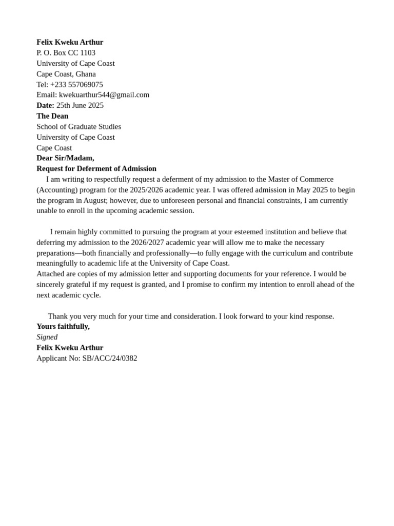 Request for Admission Deferment Letter | PDF