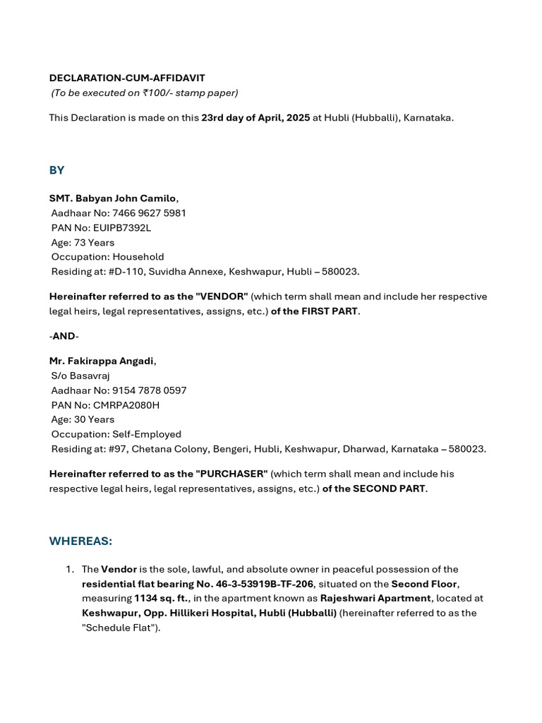 Property Sale Declaration Affidavit | PDF