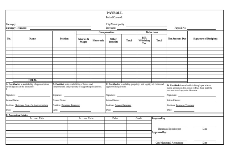 Barangay Payroll Document Template | PDF | Payroll | Taxation