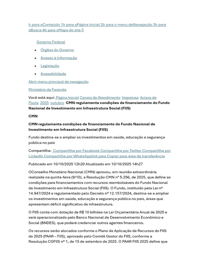 CMN Define Financiamento do FIIS | PDF | Sustentabilidade | Economia