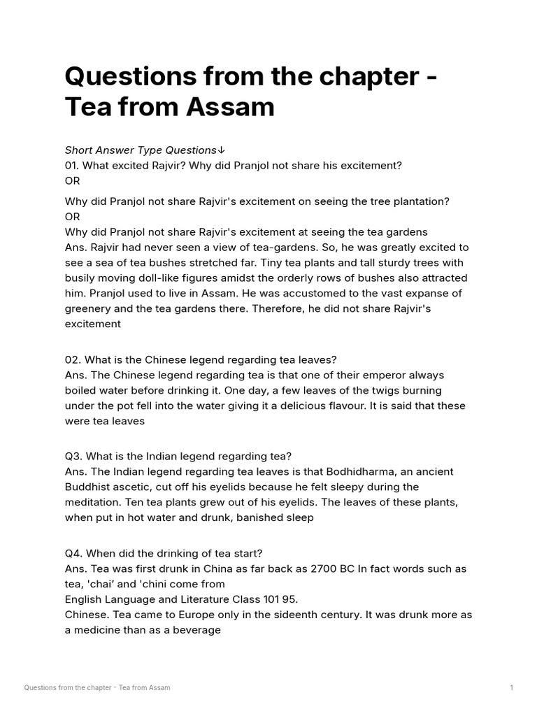 Questions From The Chapter - Tea From Assam-1 | PDF | Tea | Hot Drinks