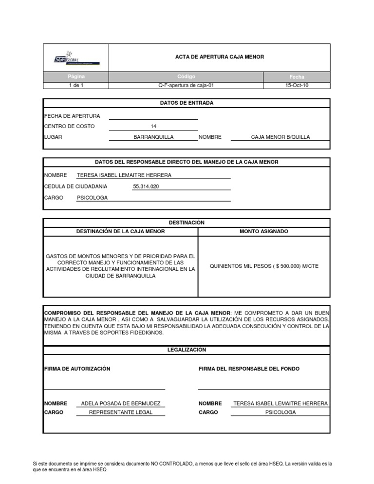 Modelo acta entrega caja menor