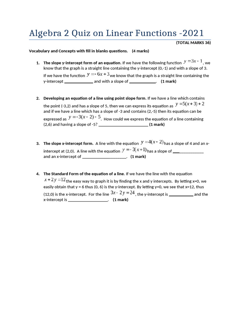 ALG2Quiz LinearFunc (2021) | PDF | Mathematics | Elementary Mathematics