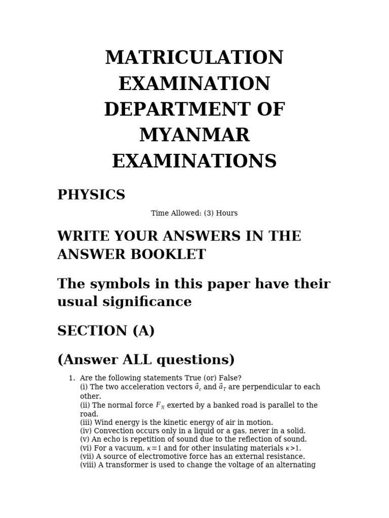 Myanmar Matriculation Physics Exam | PDF | Capacitor | Electric Current