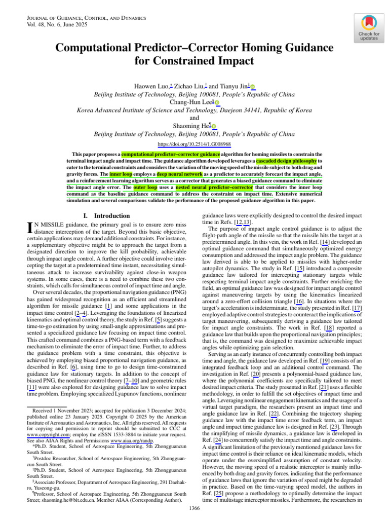 Homing Guidance for Impact Angle Control | PDF | Missile | Kinematics