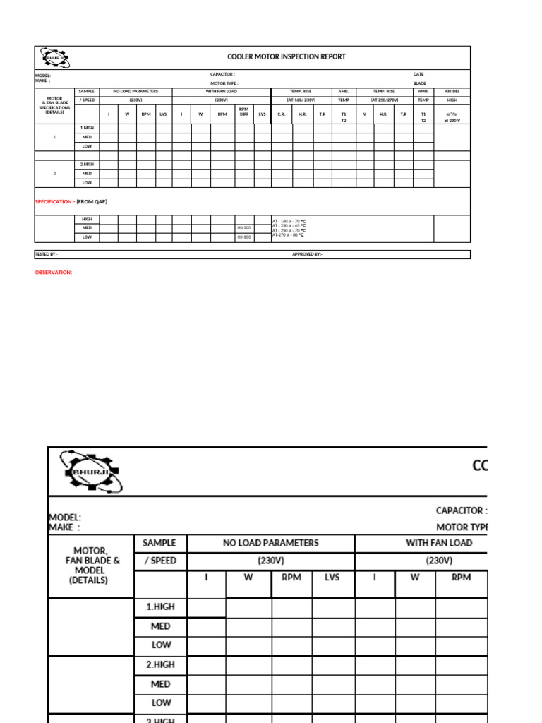 Cooler Motor Inspection Report | PDF