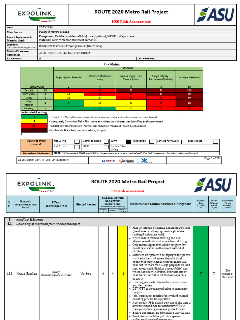 HSE Risk Assessment for Route 2020 Project | PDF | Risk | Forklift