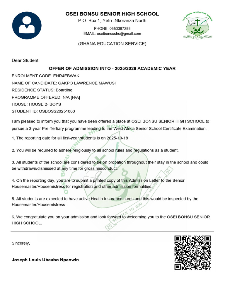 Osei Bonsu SHS Admission Offer 2025/2026 | PDF