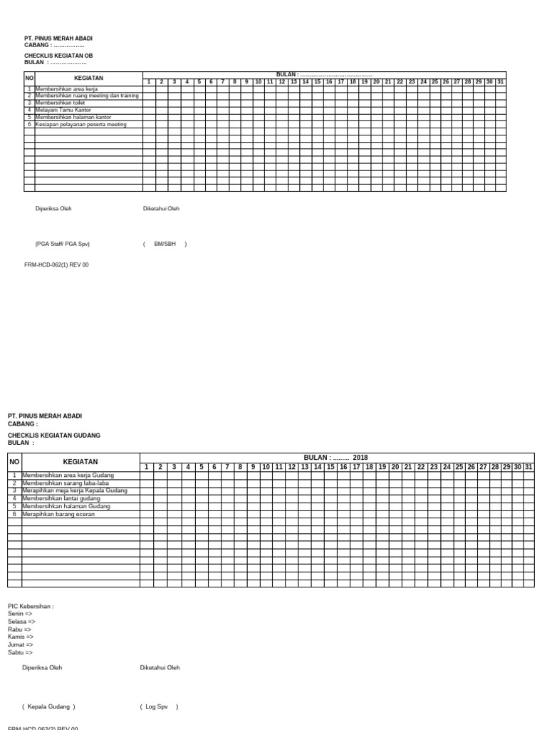 Checklist Kebersihan Bulanan PT. Pinus Merah | PDF