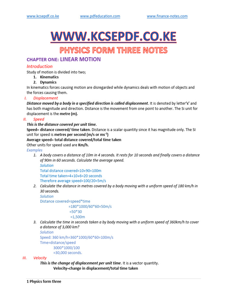 Physics Form Three: Linear Motion Concepts | PDF | Friction | Refraction