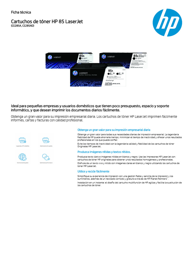 Cartuchos de tóner HP 85 LaserJet: Especificaciones | PDF | Impresora ...