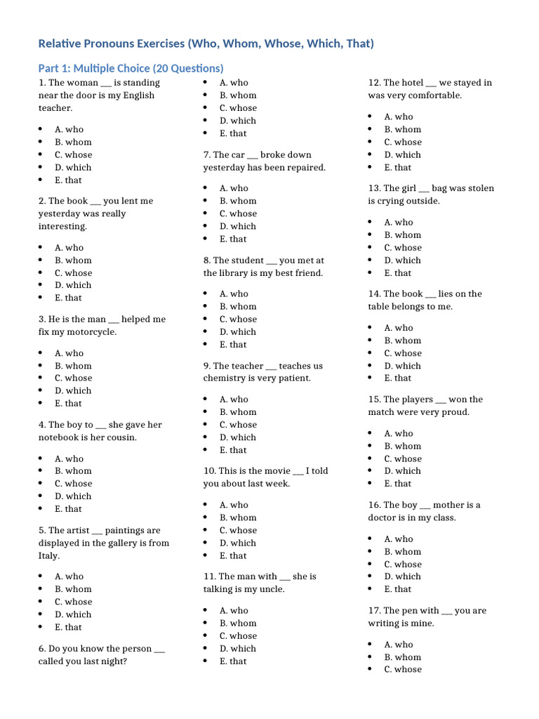 Relative Pronouns Exercises | PDF