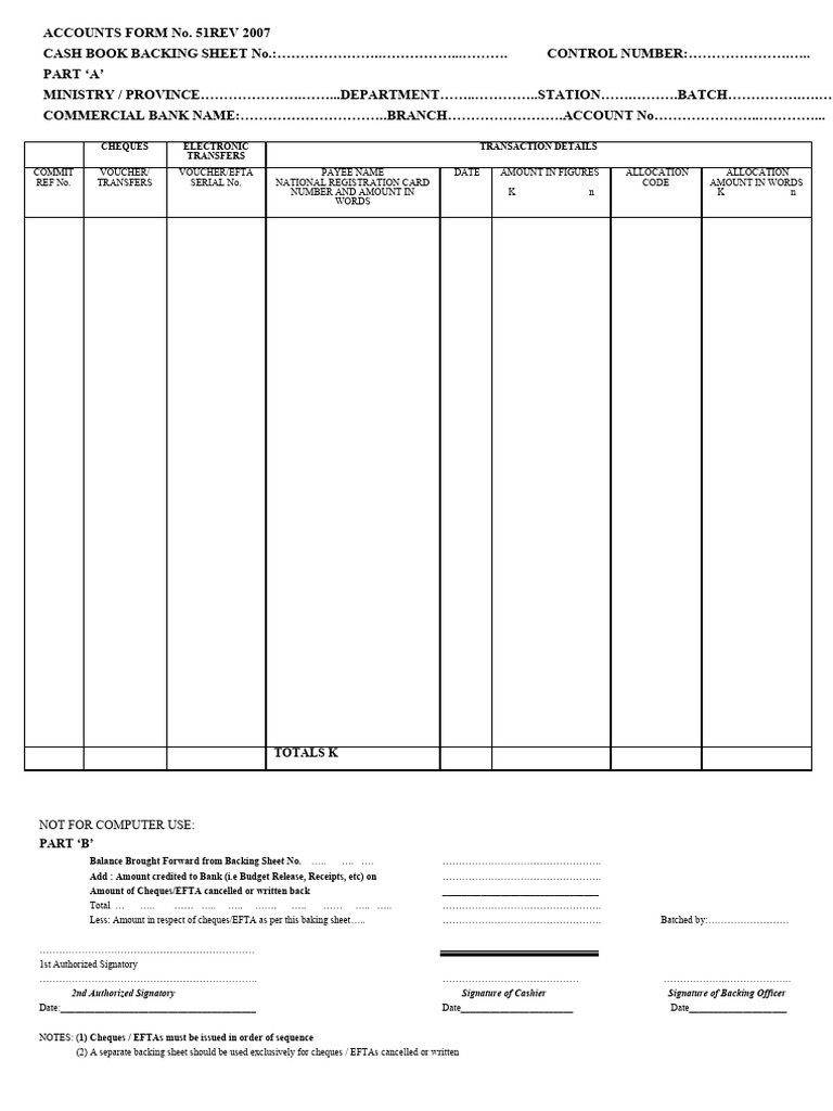 Cash Book Backing Sheet Template | PDF | Cheque | Banking