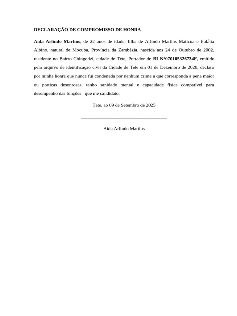 Declaração de Compromisso de Honra | PDF
