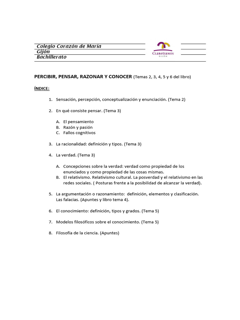 Indice. Percibir, Pensar, Razonar y Conocer | PDF