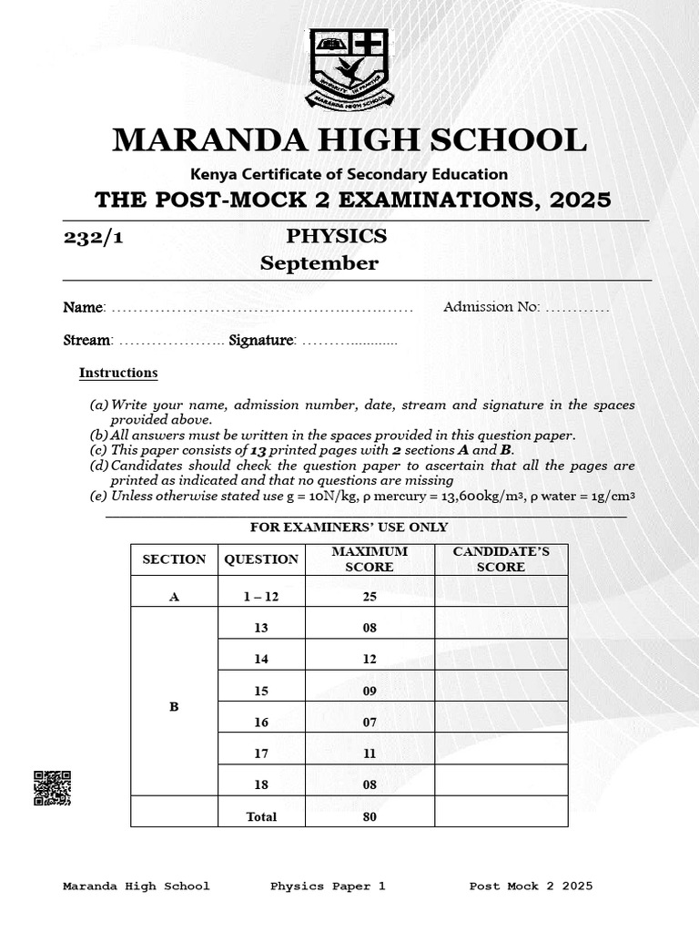 Maranda High School Physics Mock Exam 2025 | PDF | Thermodynamics ...