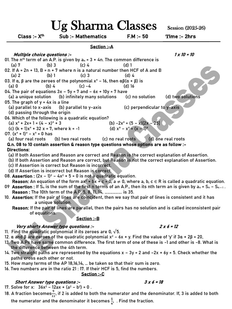 Class 10 Mathematics MCQs & Problems | PDF | Quadratic Equation | Zero ...