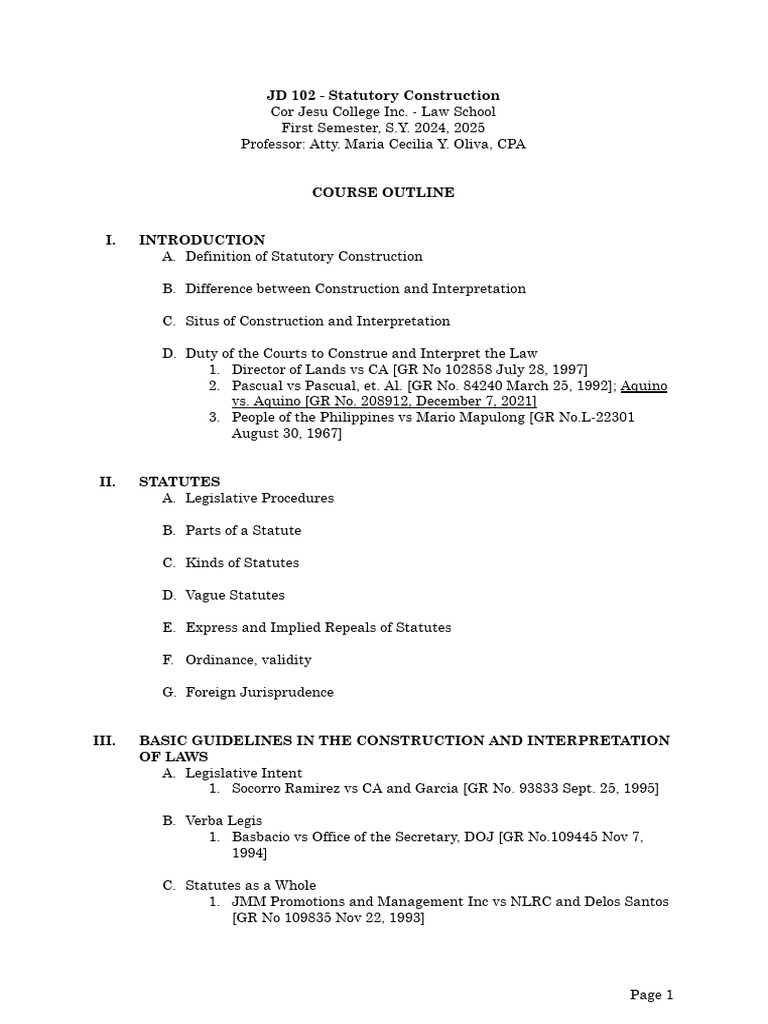 JD 102 Statutory Construction | PDF | Statutory Interpretation | Legal ...