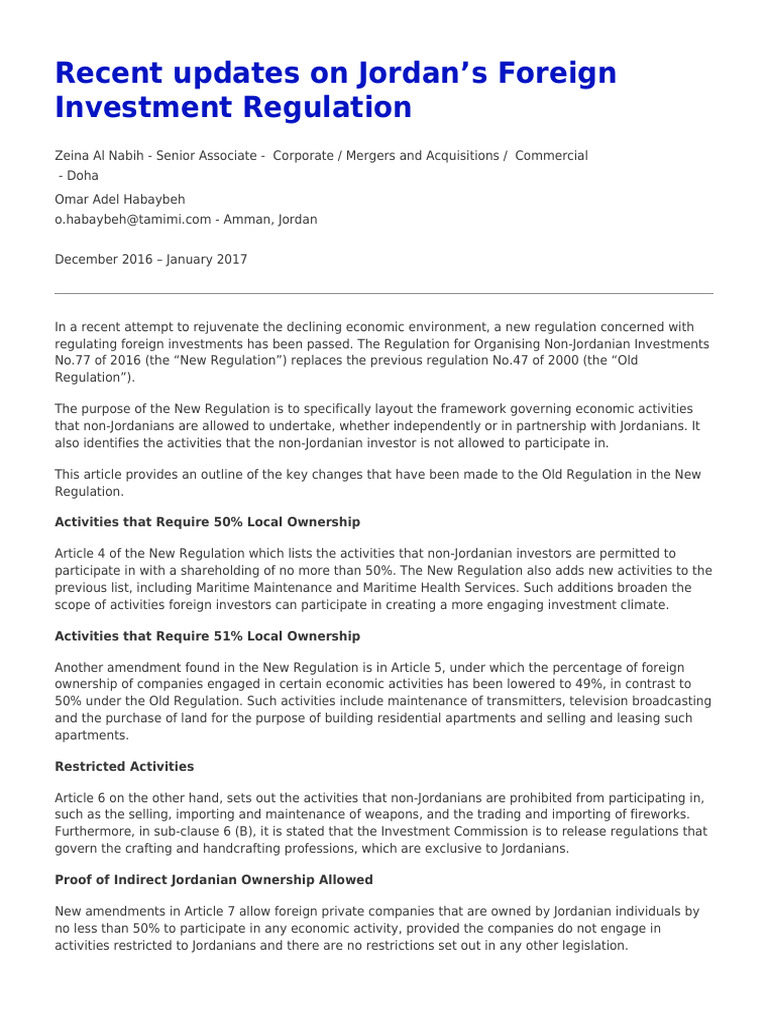 Jordan's New Foreign Investment Regulation | PDF | Treaty | Jordan
