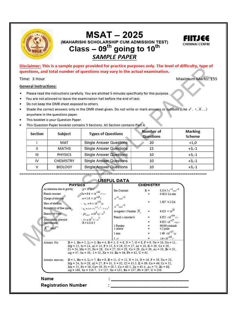 MSAT 2025 Sample Question Paper | PDF | Cell (Biology) | Gases