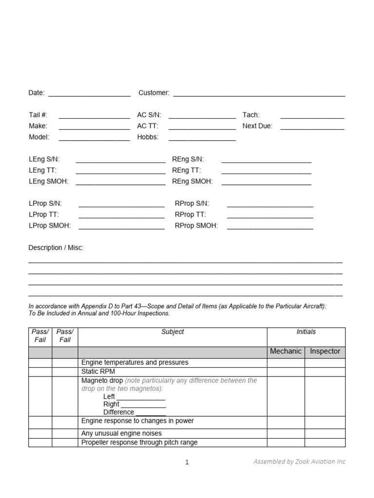 Twin Engine 100 Hour Inspection Checklist | PDF | Leak | Landing Gear