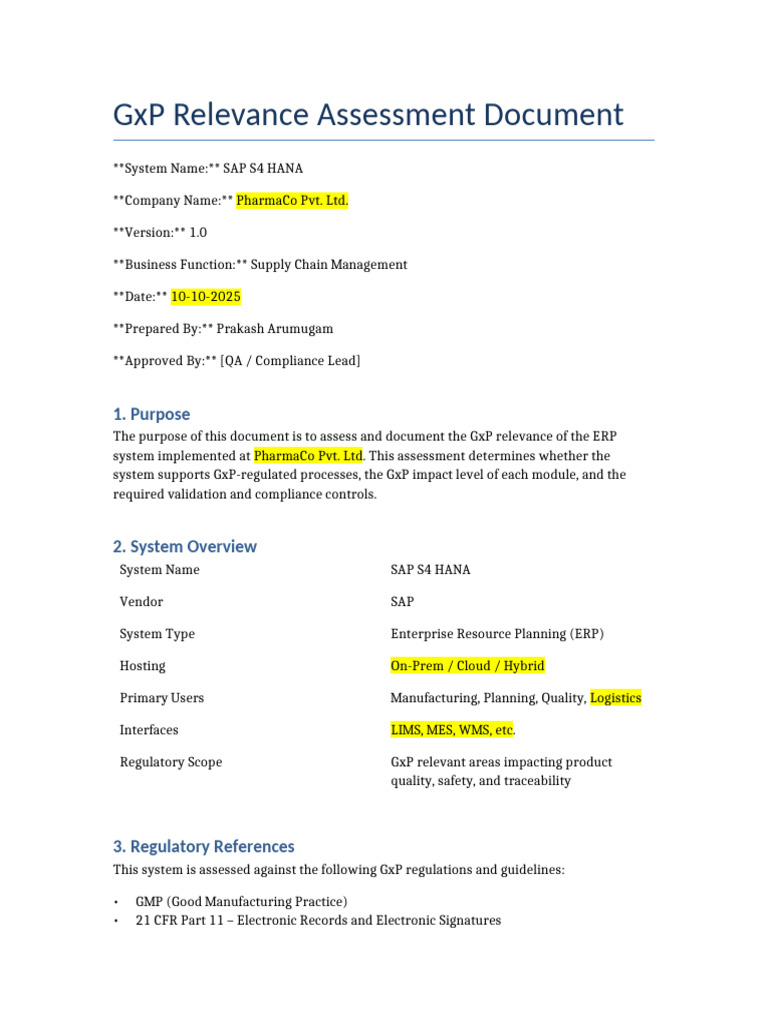 GxP Assessment for SAP S4 HANA | PDF | Verification And Validation ...