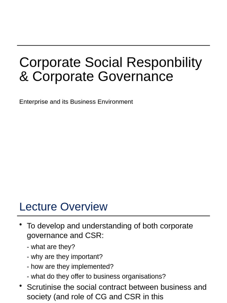 Corporate Governance and CSR Overview | PDF | Corporate Social ...