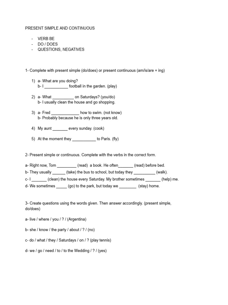 Present Simple vs Continuous Exercises | PDF