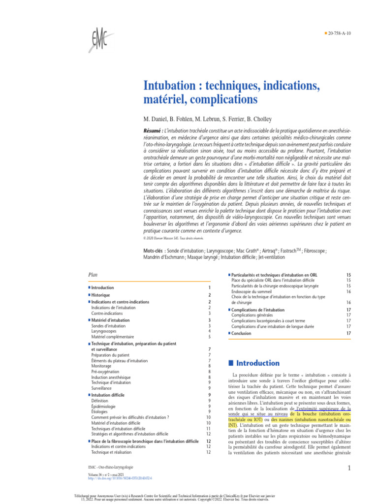 Indications et techniques d'intubation | PDF | Médecine clinique | Médecine