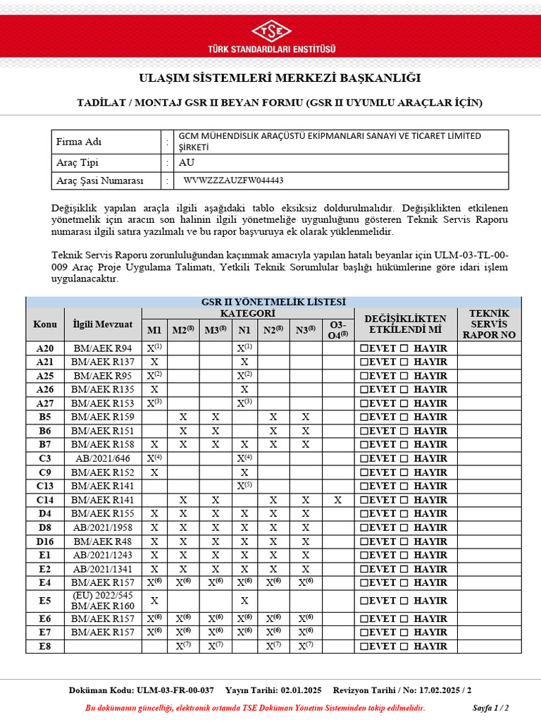 Ulaşim Sistemleri Merkezi Başkanliği: Tadilat / Montaj GSR Ii Beyan ...