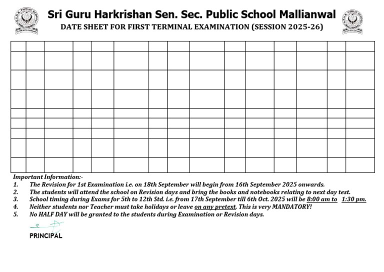 Mallianwal School Exam Date Sheet 2025-26 | PDF