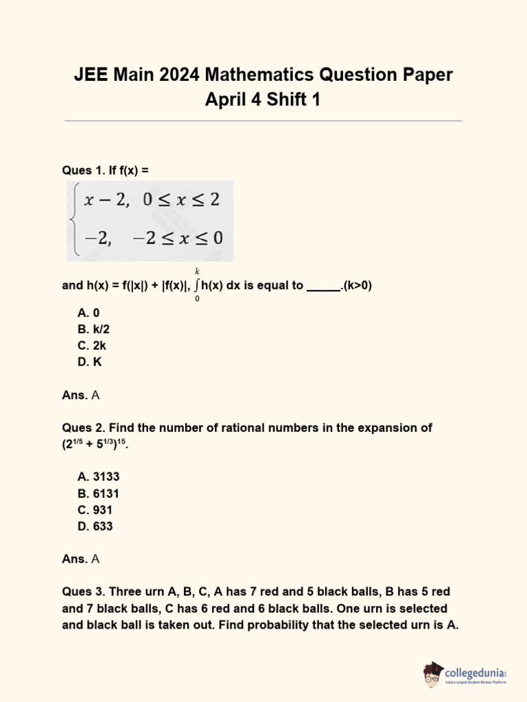 JEE Main 2024 Mathematics Question Paper April 4 Shift 1 | PDF