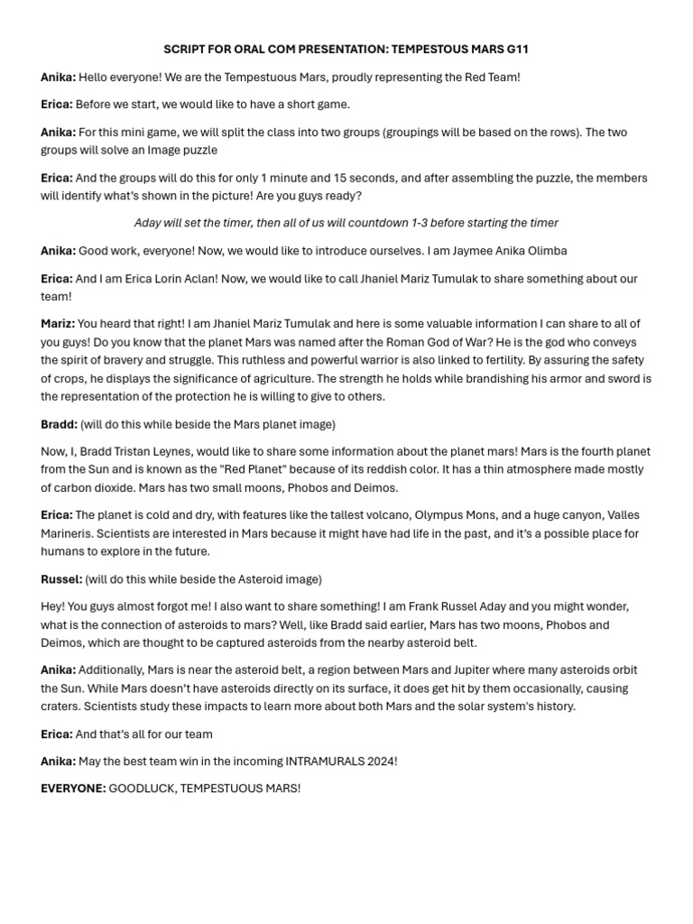 Tempestuous Mars Presentation Script | PDF | Mars | Asteroid