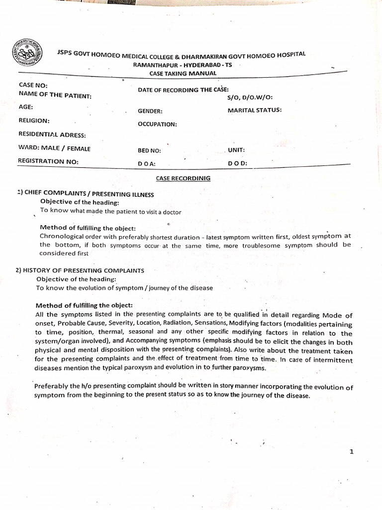 Case Taking Format Homoeopathy | PDF