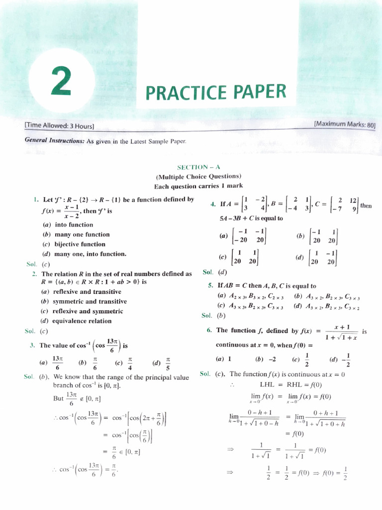 Mathematics Practice Paper Solutions | PDF | Matrix (Mathematics ...