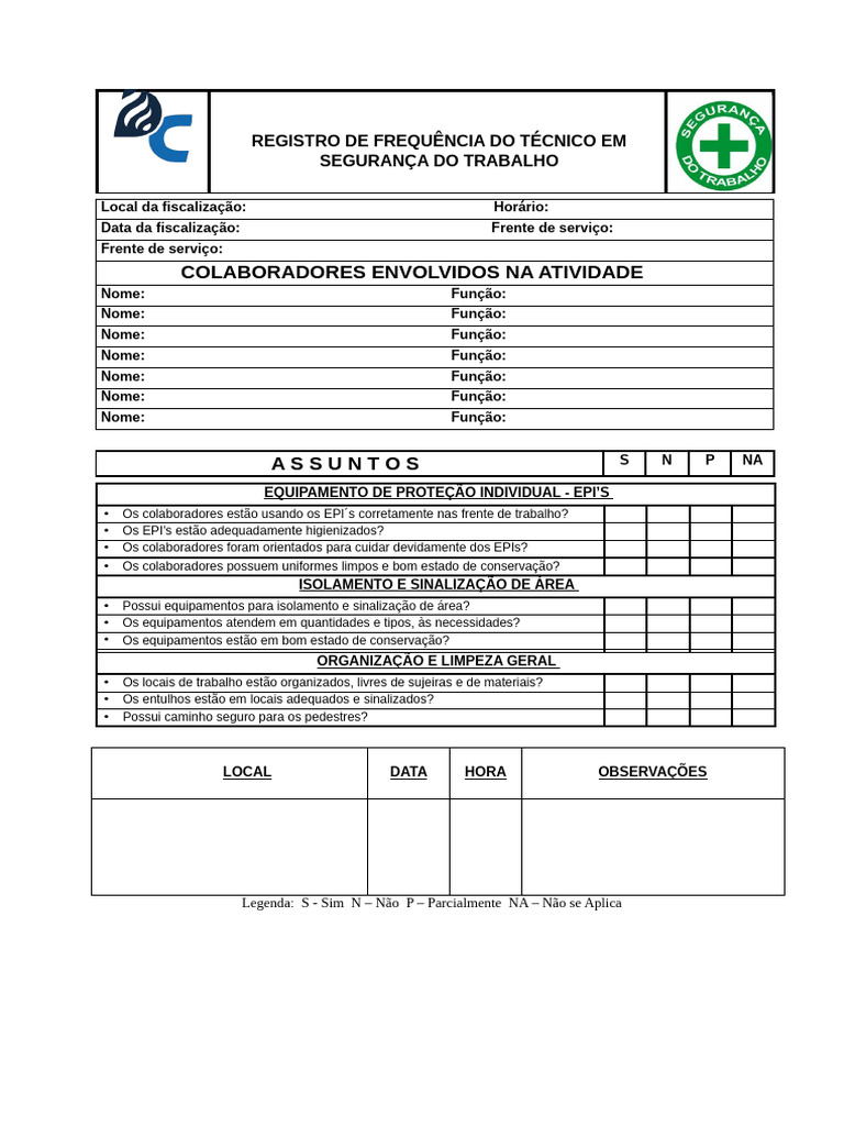 Checklist - Registro de Frequência Do Técnico em Segurança Do Trabalho ...