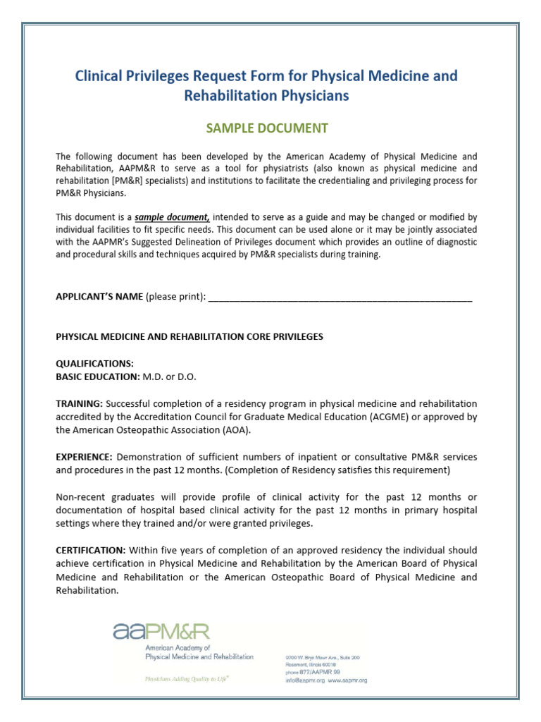 Clinical Privileges Form for PM&R Physicians | PDF | Physical Medicine ...