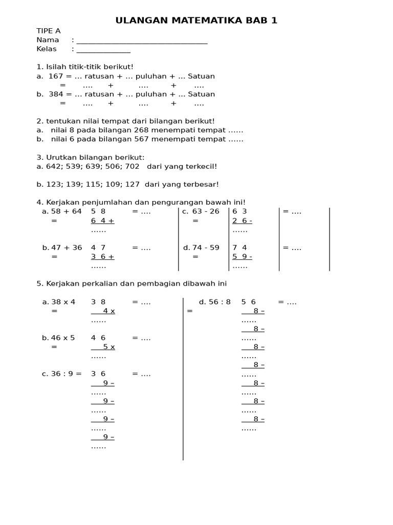 Soal Ulangan Matematika Kelas 3 Bab 1 | PDF