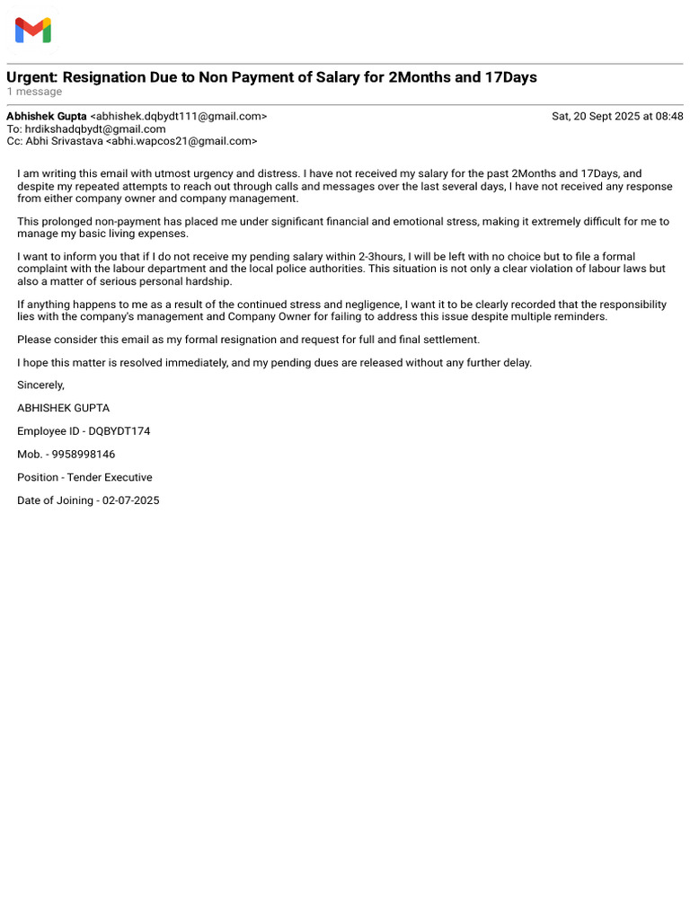 Urgent Resignation Due to Salary Delay | PDF