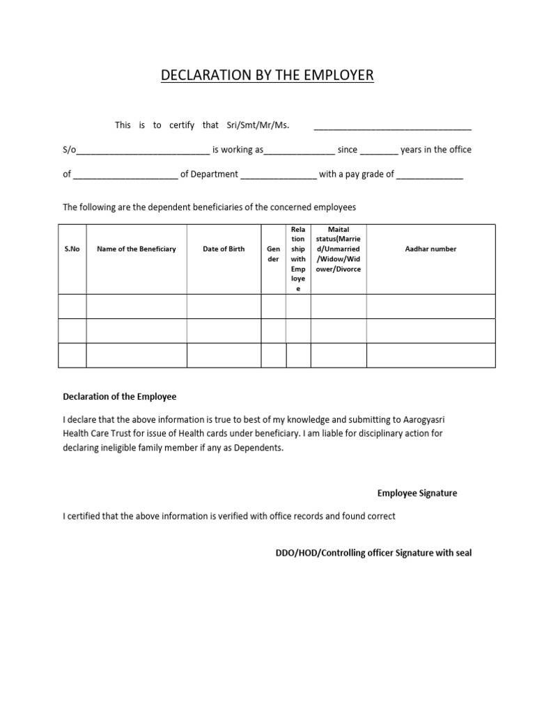 Employer Declaration for Health Card Eligibility | PDF