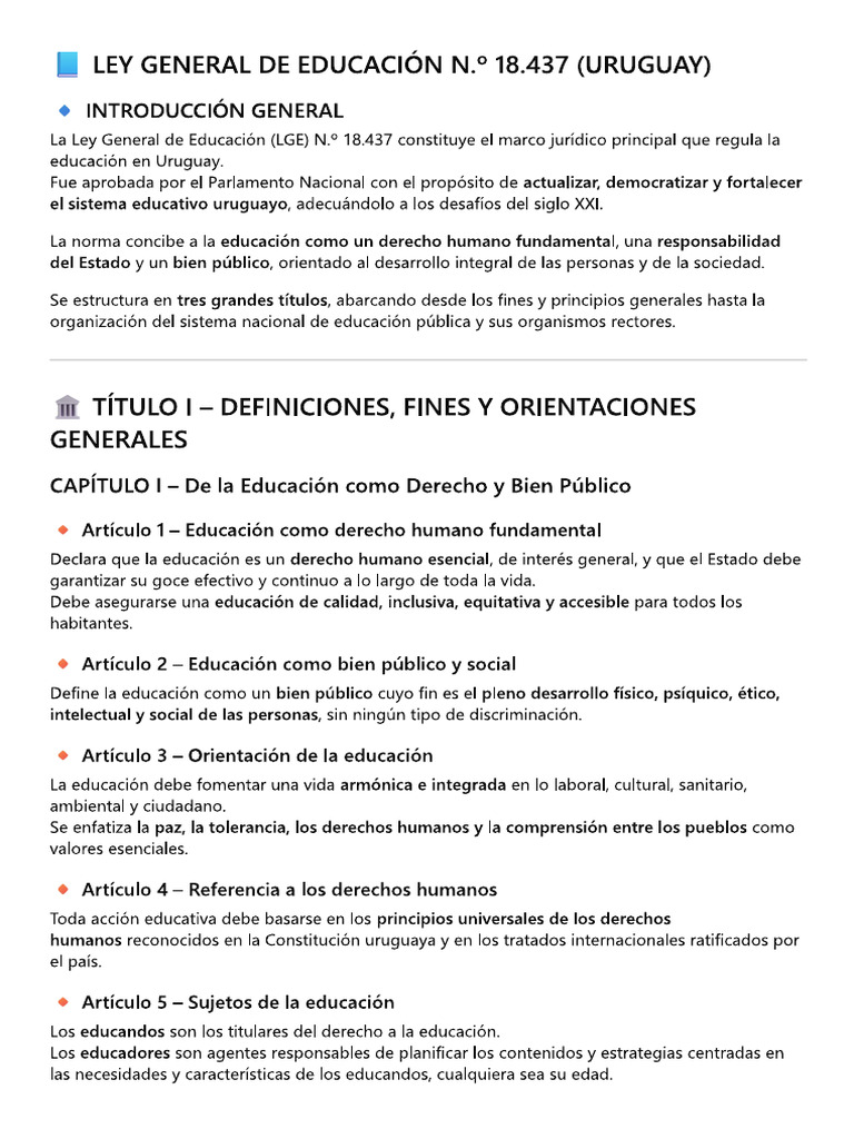 Resumen - Ley General de Educación 18.437 | PDF