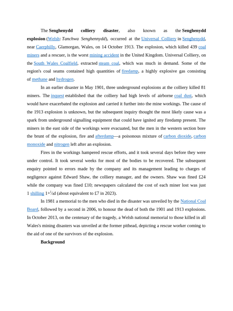 Senghenydd Colliery Disaster - Intro | PDF | Mining | Coal Mining
