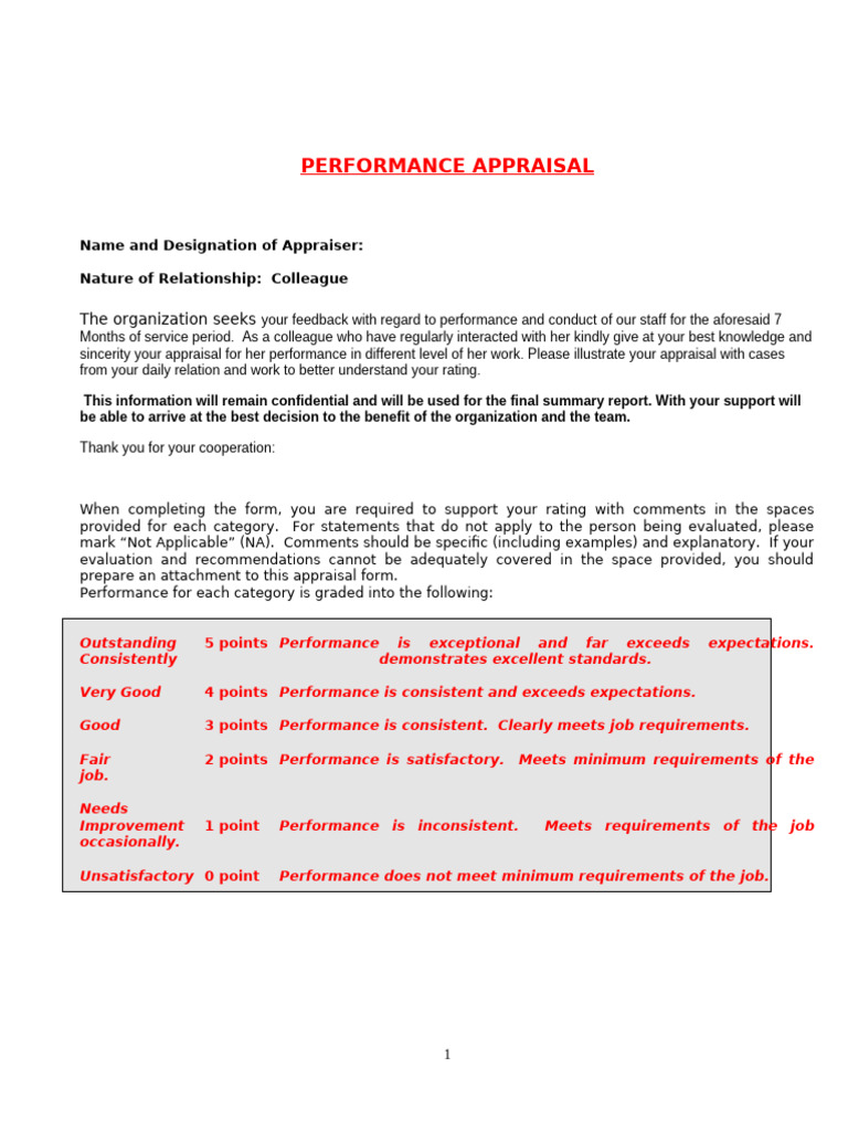 Colleague Performance Appraisal Form | PDF | Performance Appraisal ...