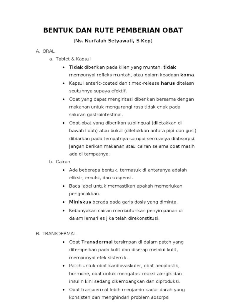 Bentuk Dan Rute Pemberian Obat | PDF