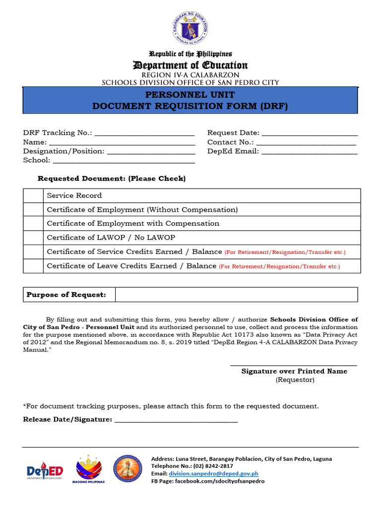 DepEd San Pedro Document Request Form | PDF | Government | Information ...