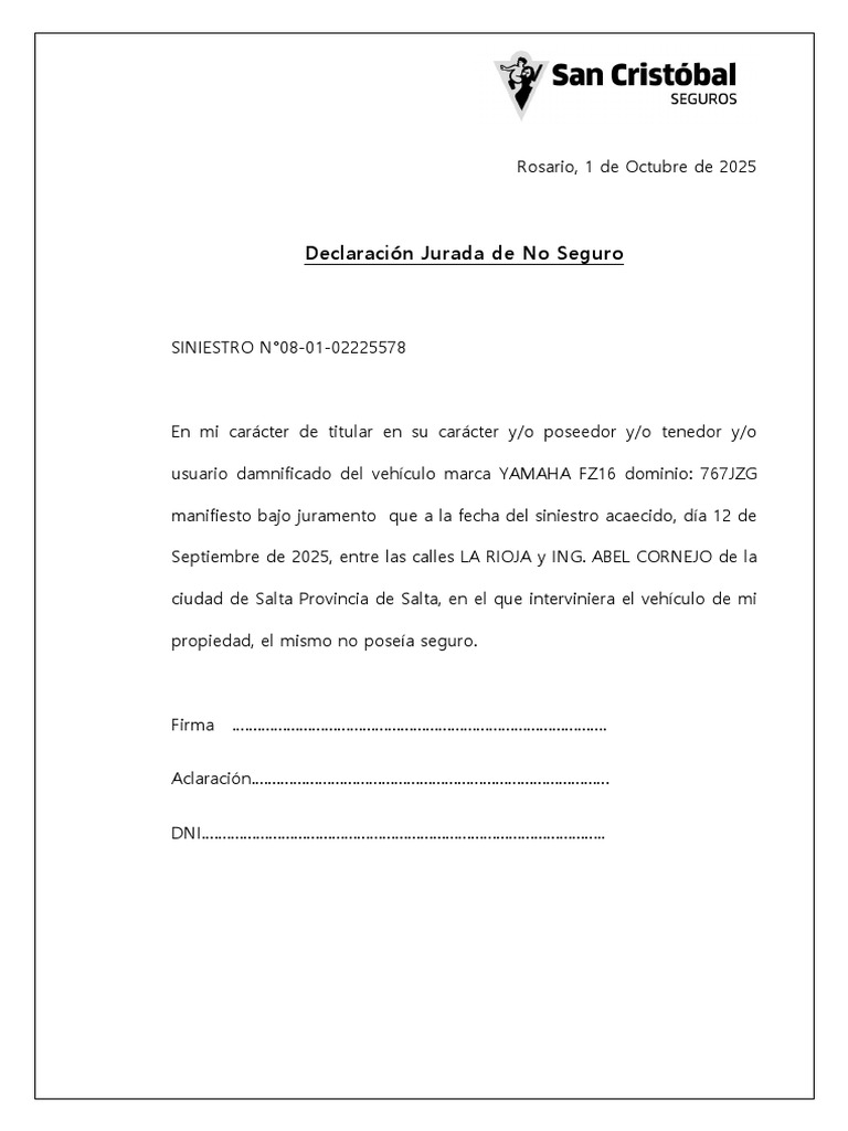 Declaración Jurada de No Seguro Vehicular | PDF