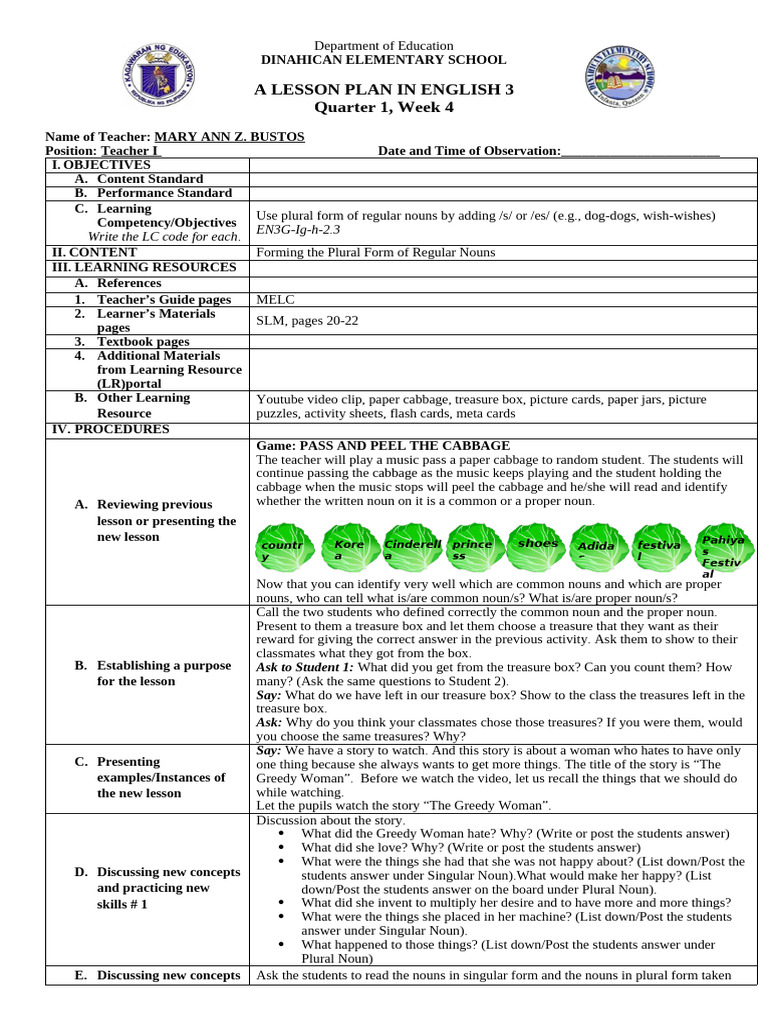 English 3 Lesson Plan: Plural Nouns | PDF | Plural | Noun
